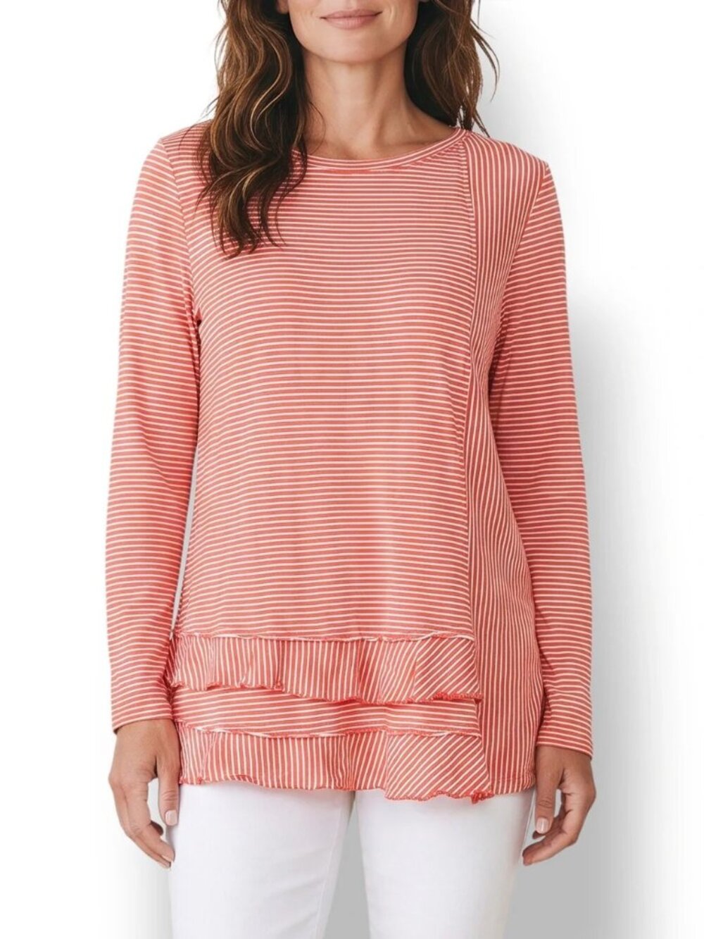 Soft Surroundings Colette Coral Striped Long Sleeve Ruffled Tunic Top